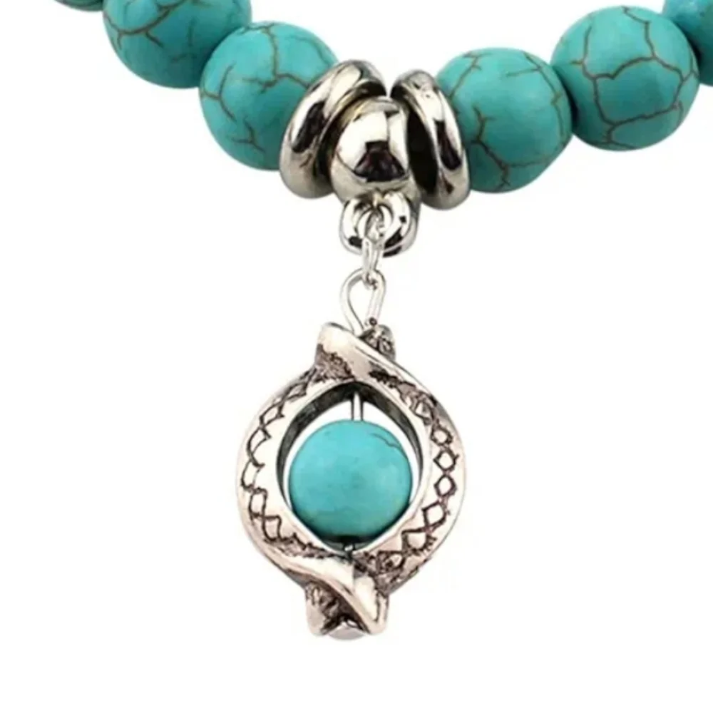Turquoise Charm and Beaded Stretch Bracelet